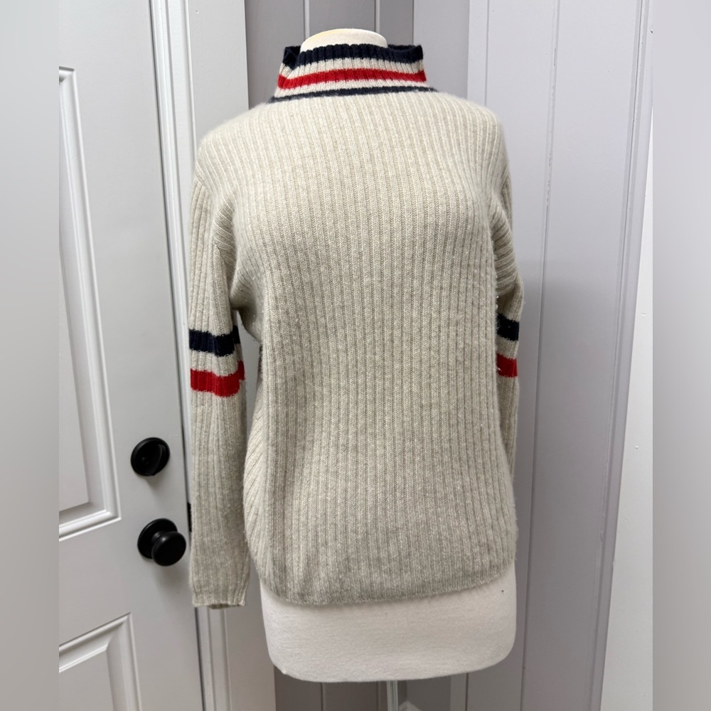 The Elder Statesman Cream Ribbed Cashmere Crewneck Sweater w/ Red & Navy Stripes